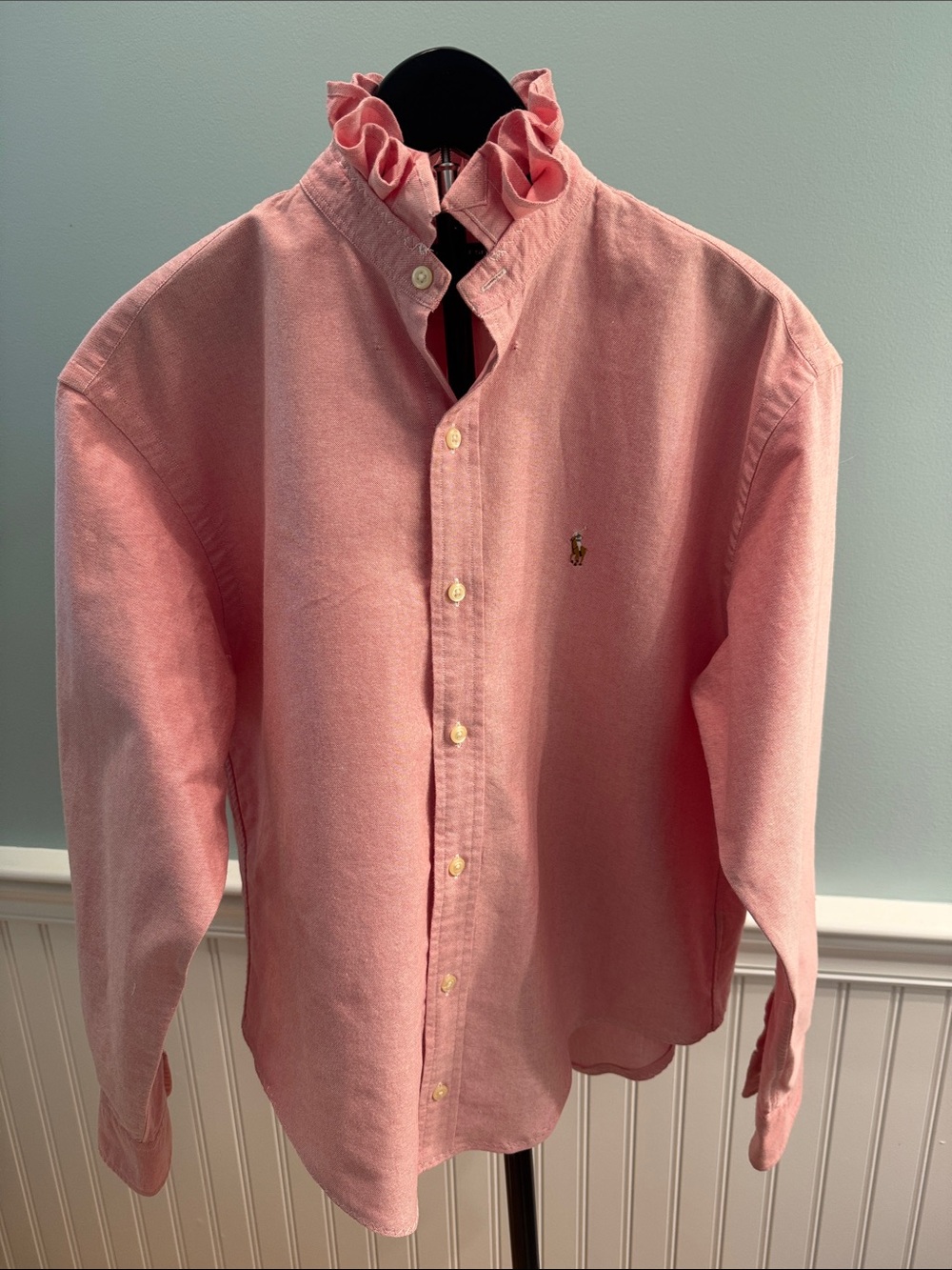 Reimagined R Lauren tangerine, ruffle collar Button-Down Shirt with polo Logo